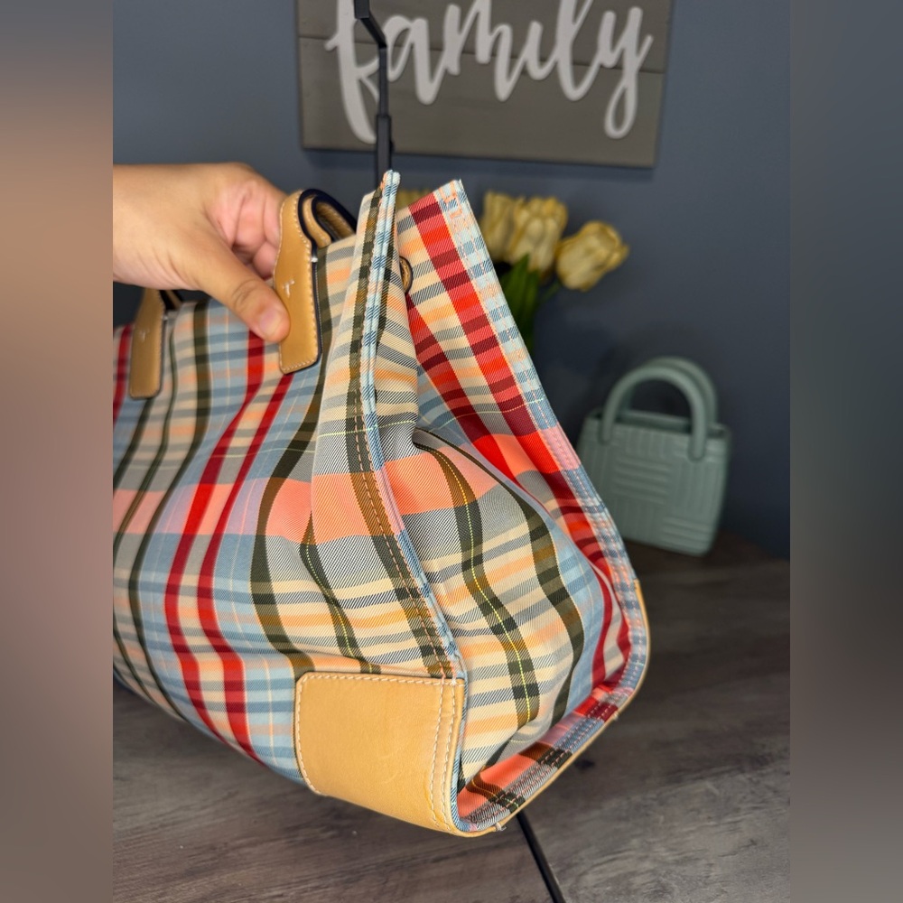 Tory Burch Plaid Tote Bag in Multicolor with Tan Leather Trim - Picture 10 of 16